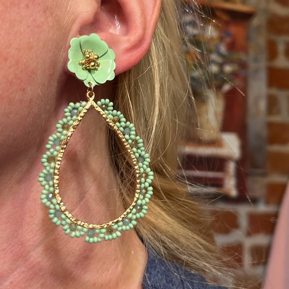Mint Teardrop Drop Flower Post Earrings - Picture 8 of 10